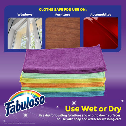 Fabuloso Microfiber Cleaning Cloths for Home & Car, Lint-Free Scratch-Free Rags for Glass, Kitchen & Wood, Reusable Machine Washable, Absorbent for Dusting & Wiping, Rainbow, 13 x 13 in, 8 Count