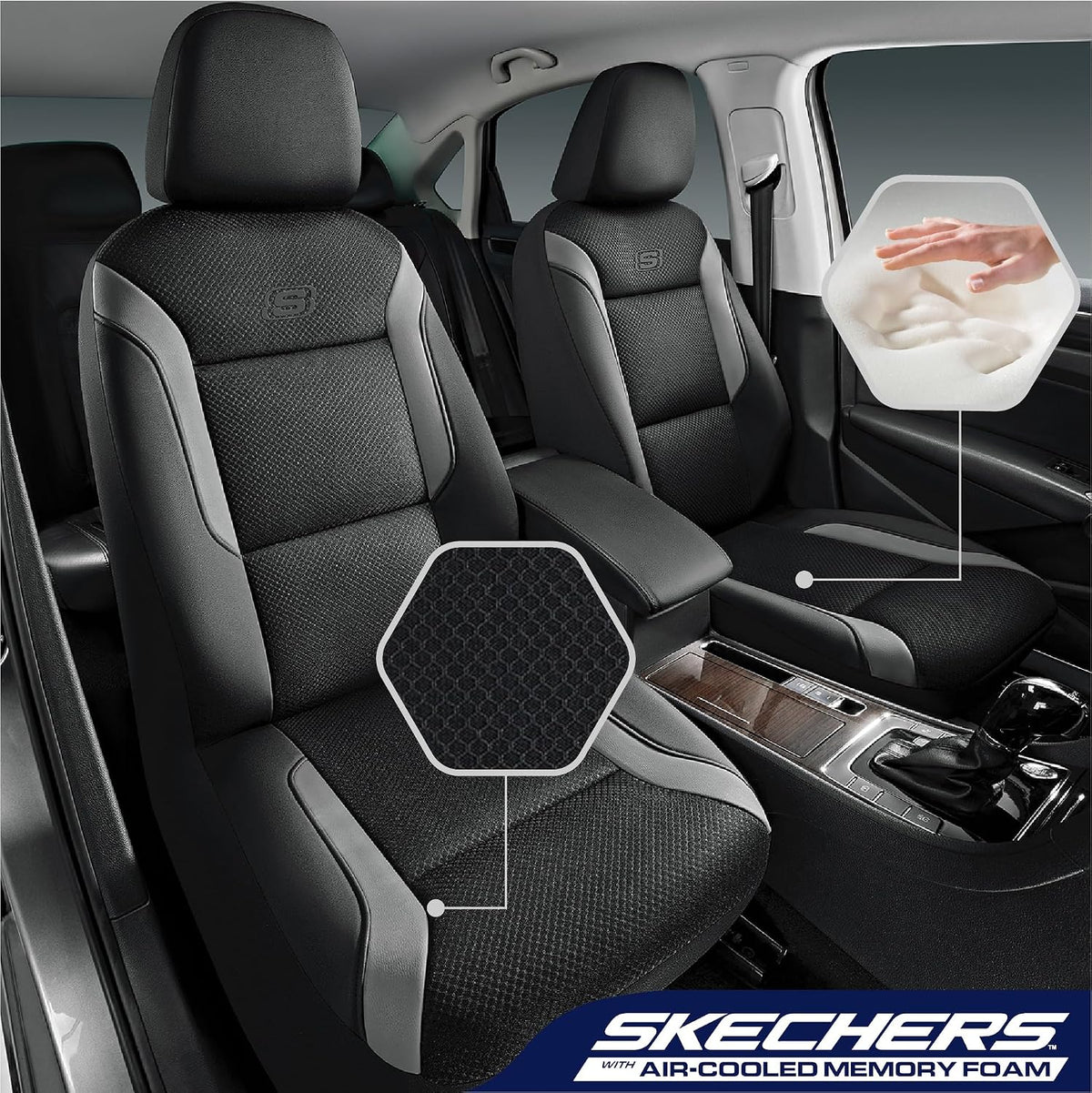 Skechers Memory Foam Seat Covers, Air Cool Mesh Thick Car Seat Covers, Car Seat Covers Front Seats Airbag Compatible, Universal Automotive Comfort for Most Cars, Vans, Trucks, SUV,Black