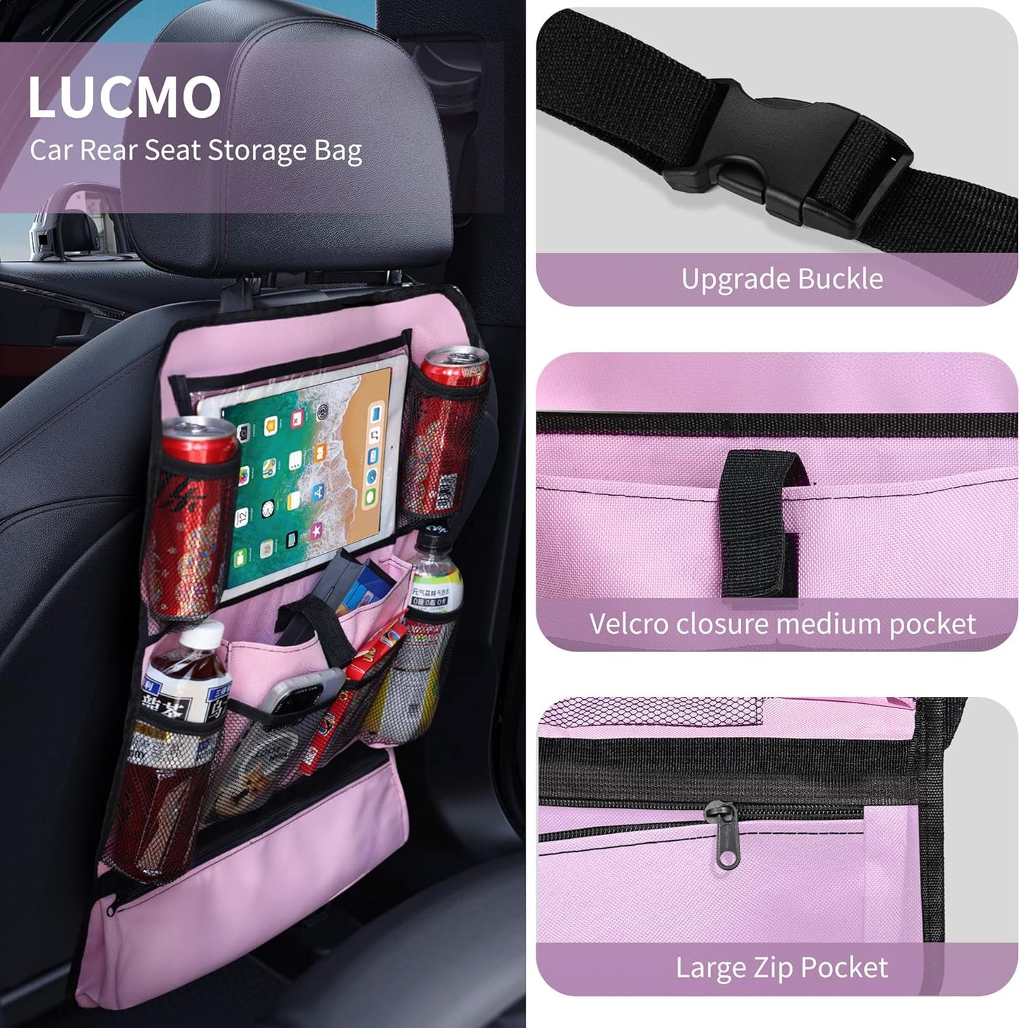 LUCMO Car Backseat Organizer with Tablet Holder,6 Storage Pockets Car Storage Organizer with Foldable Food Tray,Protectors Kick Mats Travel Accessories-Black
