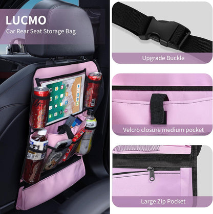 LUCMO Car Backseat Organizer with Tablet Holder,6 Storage Pockets Car Storage Organizer with Foldable Food Tray,Protectors Kick Mats Travel Accessories-Black