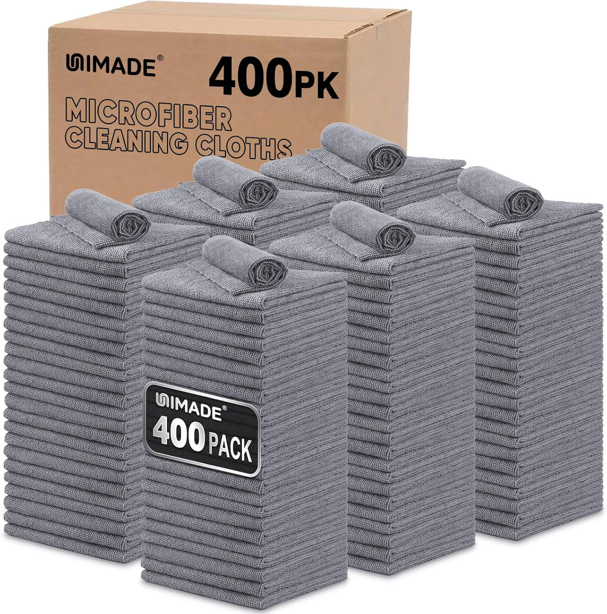 UNIMADE Microfiber Cleaning Cloth, 100 Pack Microfiber Towels for Cars Commercial Grade Work Rags Bulk Detailing Cloth for Automotive Bar Mechanic Restaurant Garage Housekeeping, 11.5"x 11.5", Grey
