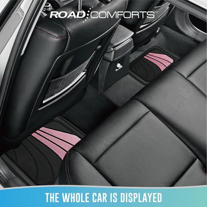 Road Comforts Car Floor Mats Full Set – Front & Rear Car Floor Mats with Aluminum Design, Anti-Slip Backing, All-Weather Protection, Trim-to-Fit Car Mats for Most Sedans, SUVs & Vans -All Pink