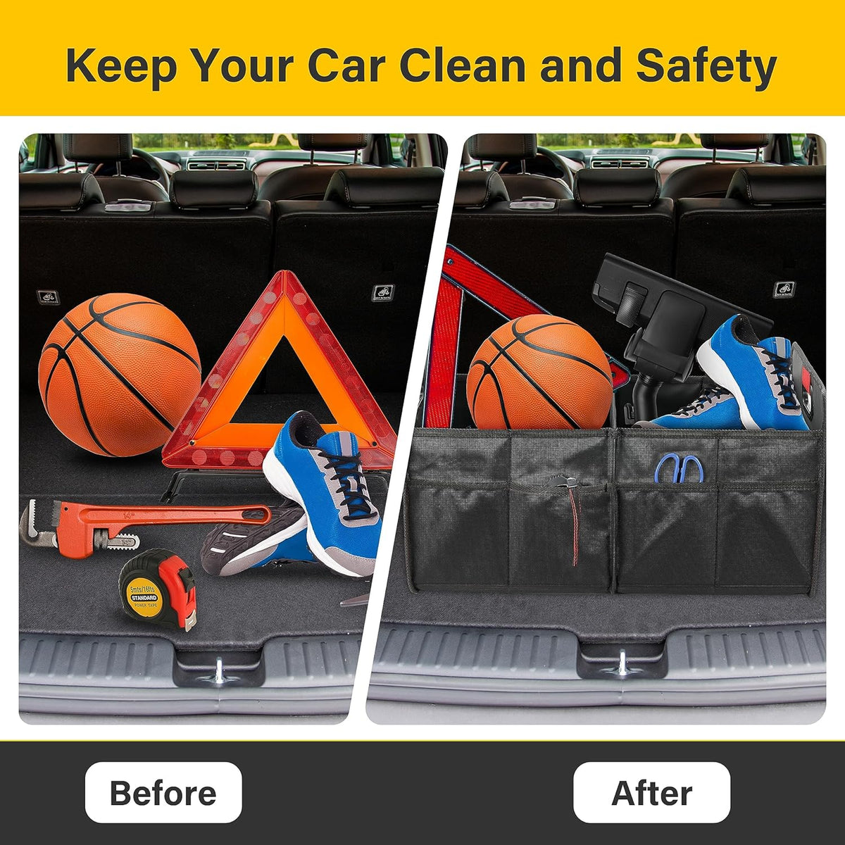YSSOA Car Trunk Organizer, 2 Compartments Anti-slip 14" D x 22" W x 12" H Collapsible Trunk Storage, 600D Oxford Polyester Car Storage, Suitable for SUV, Minivan, Truck, Black