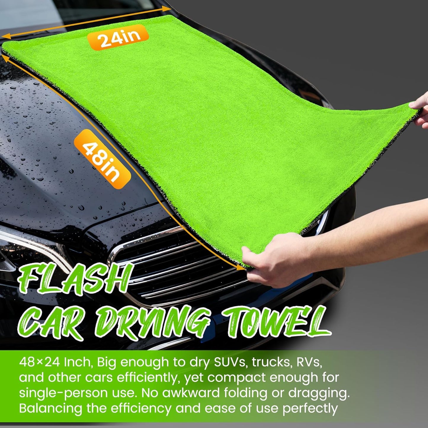 PUGPIU Microfiber Car Drying Towel Extra Large Super Absorbent 48"X24", 1400 GSM Flash Detail Car Wash Drying Towel Edgeless with Two Sided Soft Twisted-Loop, No Water Spots Streaks for Cars (Green)