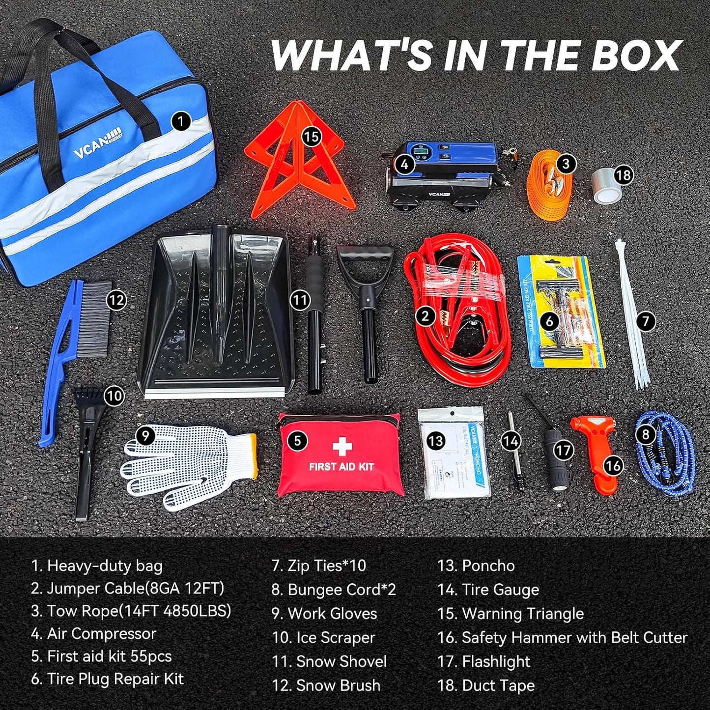 Car Emergency Safety Kit Bag with Digital Air Compressor,Jumper Cables,First Aid Kit, Winter Vehicle Roadside Safety Kit with Detachable Snow Shovel, for Women, Men, Teen