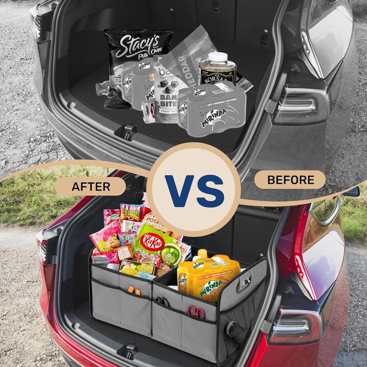 YSSOA Car Trunk Organizer, 2 Compartments Anti-slip 14" D x 22" W x 12" H Collapsible Trunk Storage, 600D Oxford Polyester Car Storage, Suitable for SUV, Minivan, Truck, Black