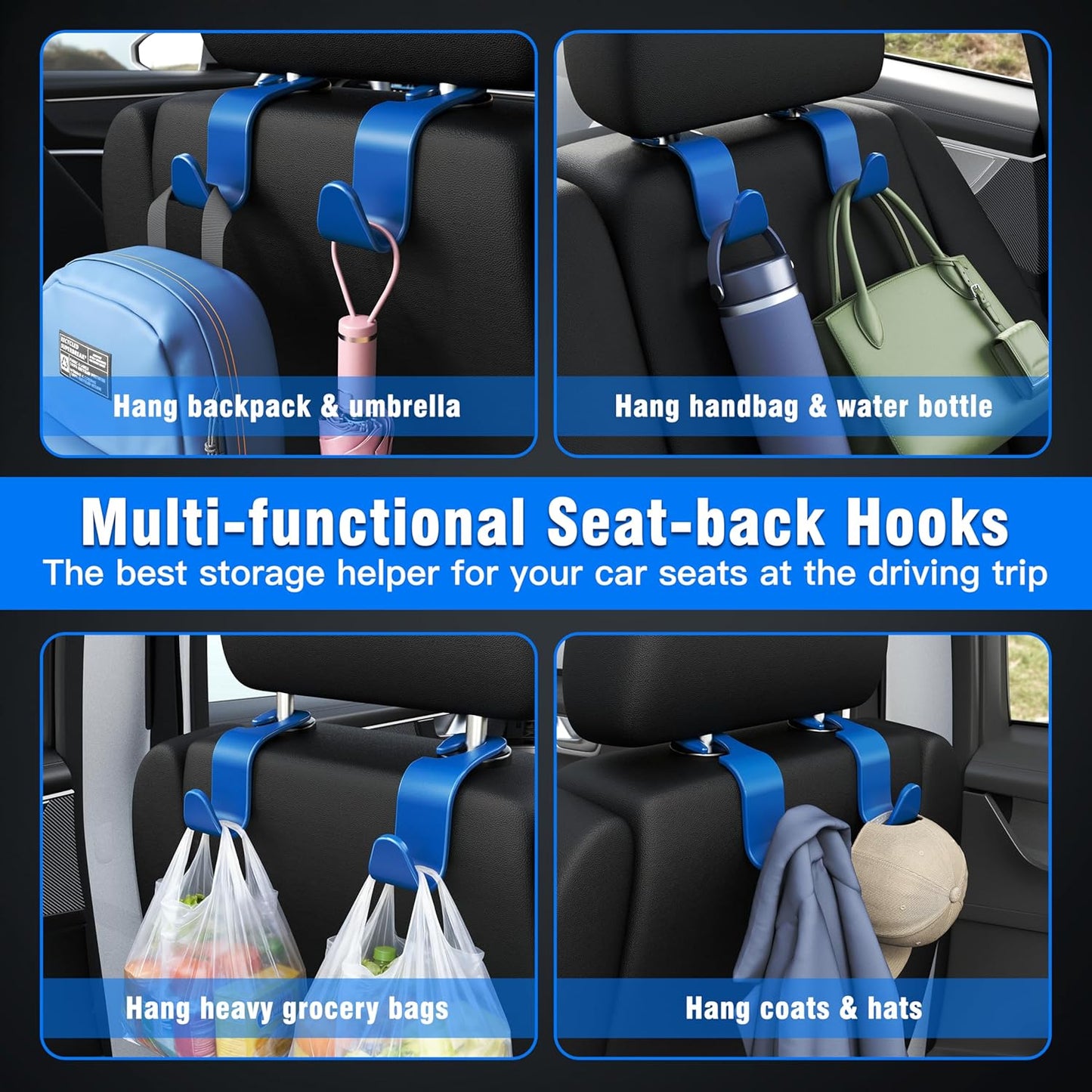 Amooca 4-Pack Car Headrest Hooks Vehicle Storage Organizer for Purses Handbags Groceries Backpack Coats –Holds 55lbs 360° Rotating Black