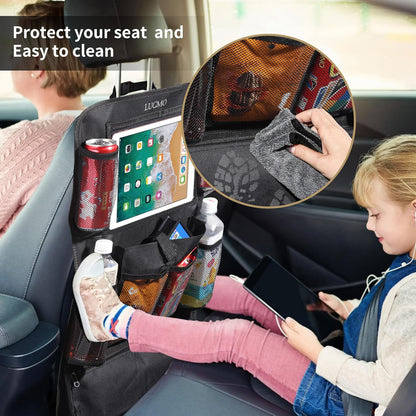 LUCMO Car Backseat Organizer with Tablet Holder,6 Storage Pockets Car Storage Organizer with Foldable Food Tray,Protectors Kick Mats Travel Accessories-Black