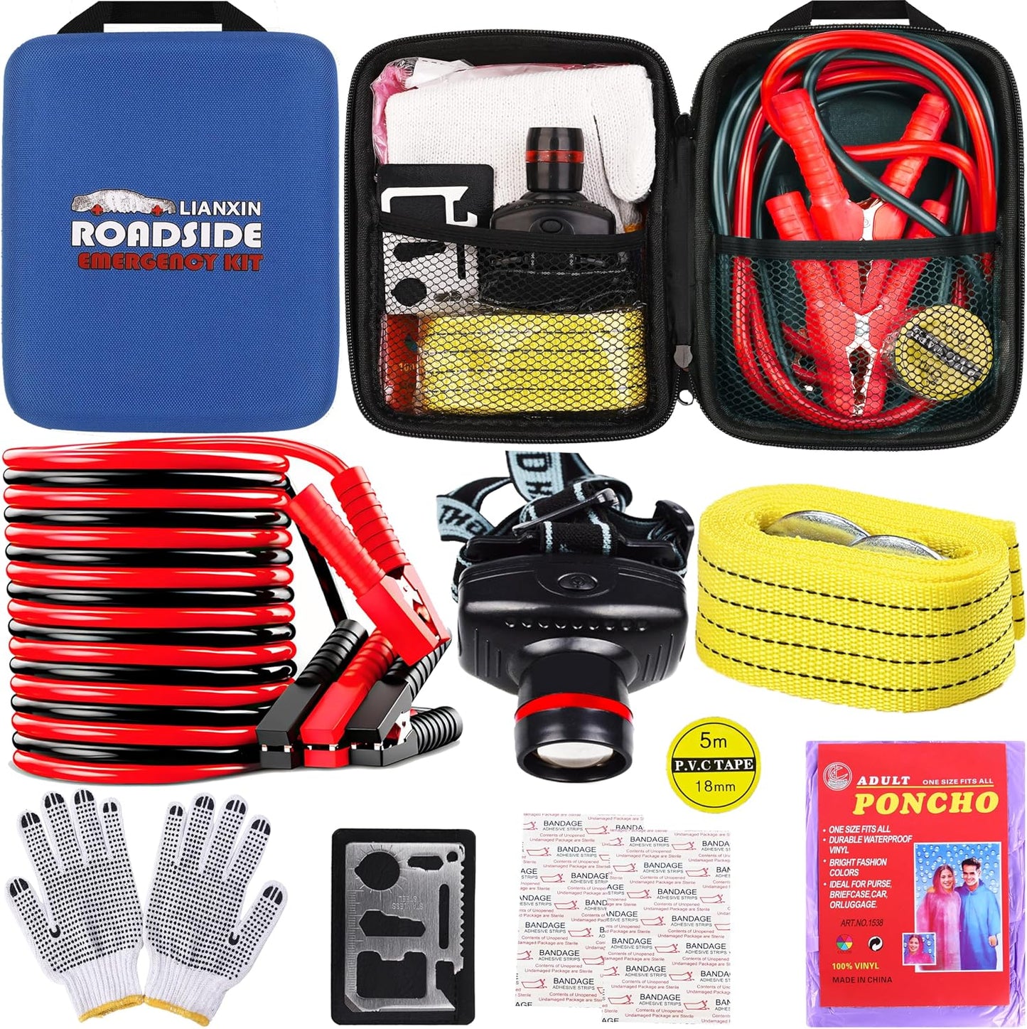 LIANXIN Car Roadside Emergency Kit, with Jumper Cables Automotive Kit,Car Safety Roadside Assistance Kit Headlamp,Tow Straps, Safety Hammers, Rainwear, Gloves.Black