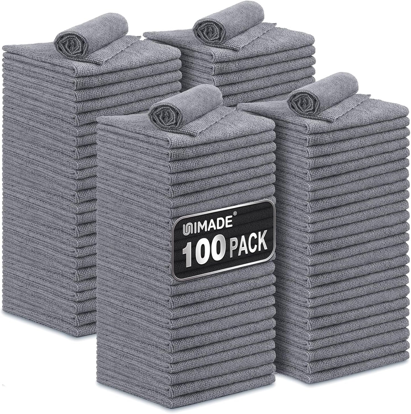 UNIMADE Microfiber Cleaning Cloth, 100 Pack Microfiber Towels for Cars Commercial Grade Work Rags Bulk Detailing Cloth for Automotive Bar Mechanic Restaurant Garage Housekeeping, 11.5"x 11.5", Grey