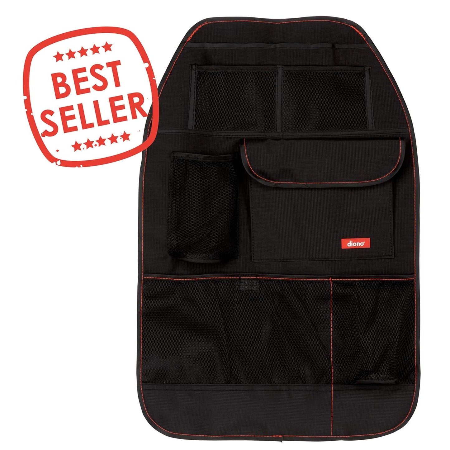 Diono Stow 'n Go Car Back Seat Organizer for Kids, Kick Mat Back Seat Protector, with 7 Storage Pockets, 2 Drinks Holders, Water Resistant, Durable Material, Black , 18x10x9 Inch (Pack of 1)