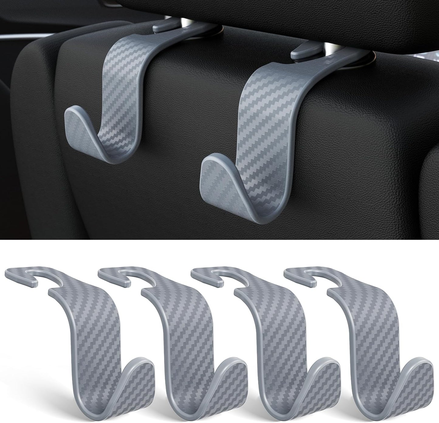 Amooca 4-Pack Car Headrest Hooks Vehicle Storage Organizer for Purses Handbags Groceries Backpack Coats –Holds 55lbs 360° Rotating Black
