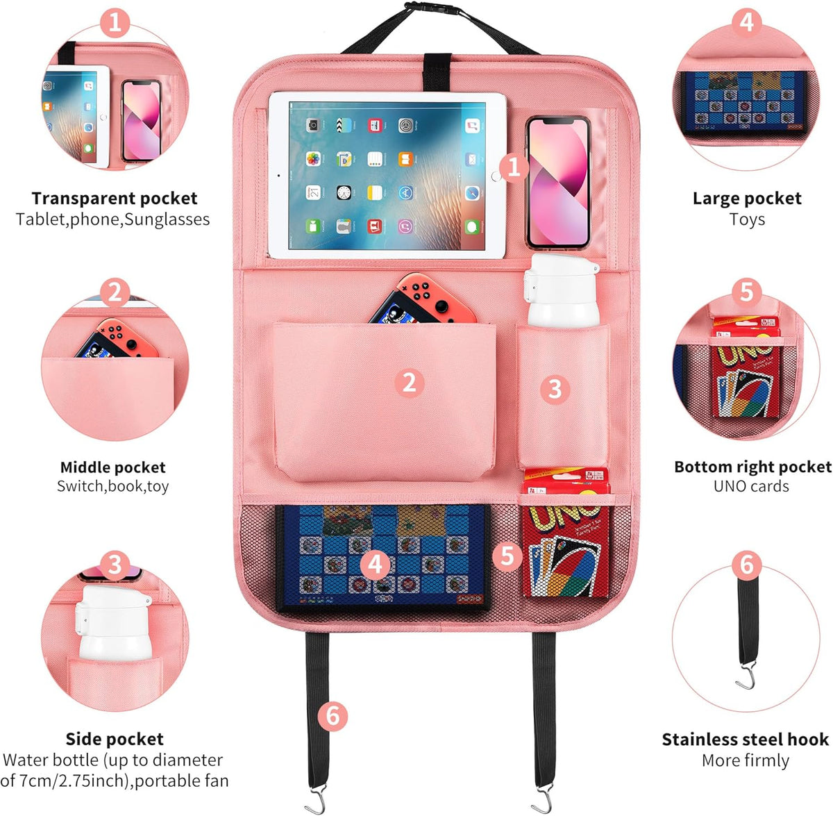LUCMO Car Backseat Organizer with Tablet Holder,6 Storage Pockets Car Storage Organizer with Foldable Food Tray,Protectors Kick Mats Travel Accessories-Black