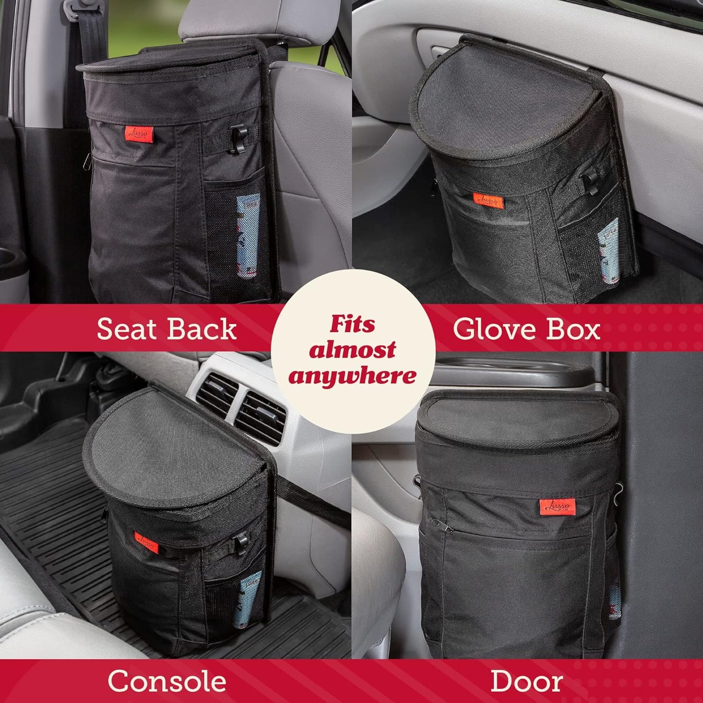 Lusso Gear Spill-Proof Car Trash Can - Easy to Clean Hanging Garbage Bin - Leak-Proof Lid, Removable Liner, Waterproof - Keeps Truck, SUV, Car, Minivan Clean & Odor Free - 2.5 Gallon Tan Car Trash Can