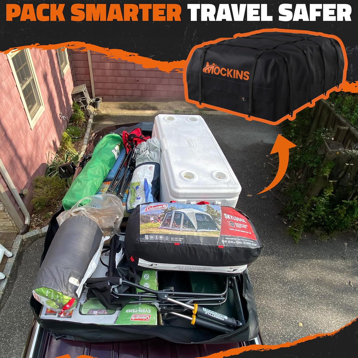 Mockins 35 Cu Ft Black Rooftop Cargo Carrier Bag 60"x42"x24" w/Accessories | Roof Bag Cargo Carrier for Top of Vehicle | Vehicle Soft-Shell Carriers for Car Roof Storage | Use with or w/o Roof Rack