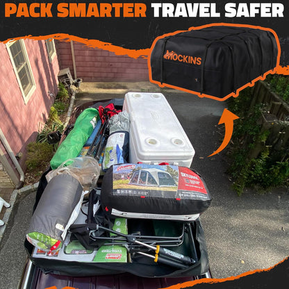 Mockins 35 Cu Ft Black Rooftop Cargo Carrier Bag 60"x42"x24" w/Accessories | Roof Bag Cargo Carrier for Top of Vehicle | Vehicle Soft-Shell Carriers for Car Roof Storage | Use with or w/o Roof Rack