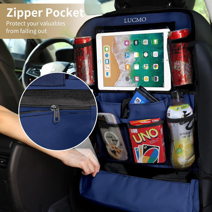 LUCMO Car Backseat Organizer with Tablet Holder,6 Storage Pockets Car Storage Organizer with Foldable Food Tray,Protectors Kick Mats Travel Accessories-Black
