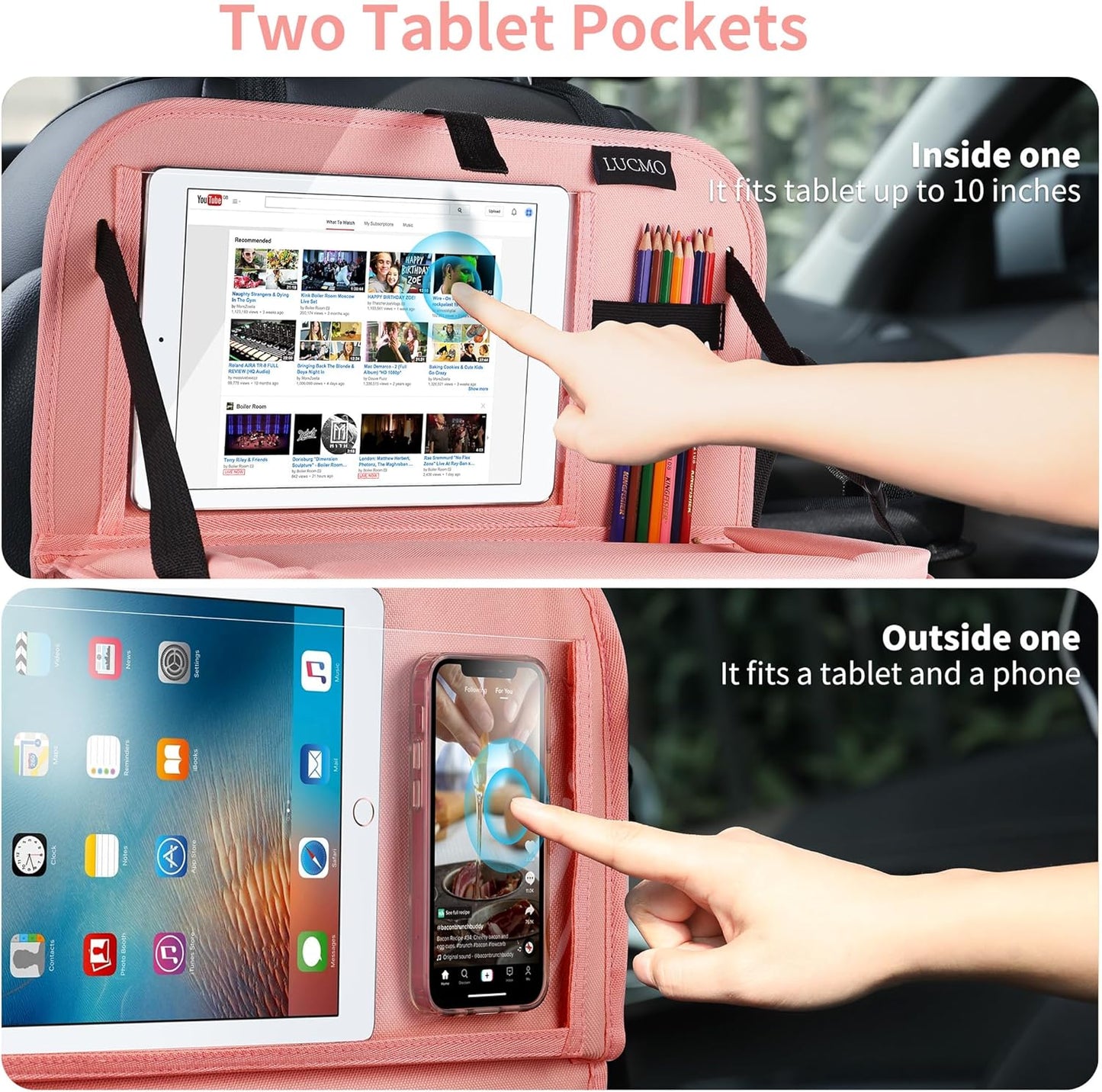 LUCMO Car Backseat Organizer with Tablet Holder,6 Storage Pockets Car Storage Organizer with Foldable Food Tray,Protectors Kick Mats Travel Accessories-Black