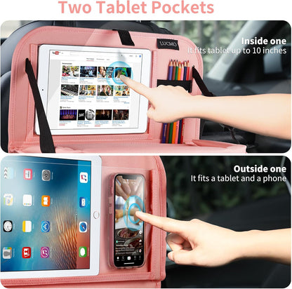 LUCMO Car Backseat Organizer with Tablet Holder,6 Storage Pockets Car Storage Organizer with Foldable Food Tray,Protectors Kick Mats Travel Accessories-Black