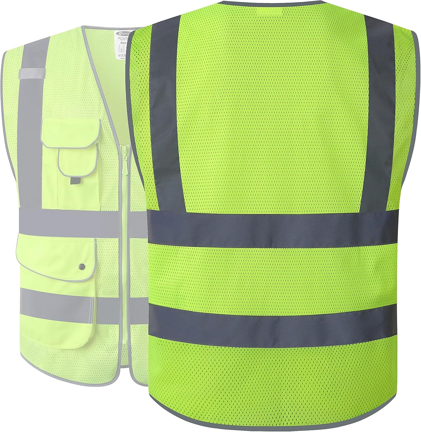 JKSafety 9 Pockets Class 2 High Visibility Zipper Front Safety Vest With Reflective Strips,Meets ANSI/ISEA Standard (Large, 150-Yellow) - Colors A
