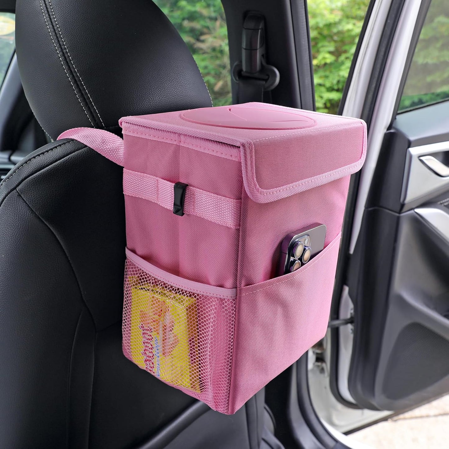 AOKJOY Car Garbage can with lid Leak Proof Vehicle Trash Can 3 Storage Pockets Hanging Waterproof car Trash Bag for SUV Beige