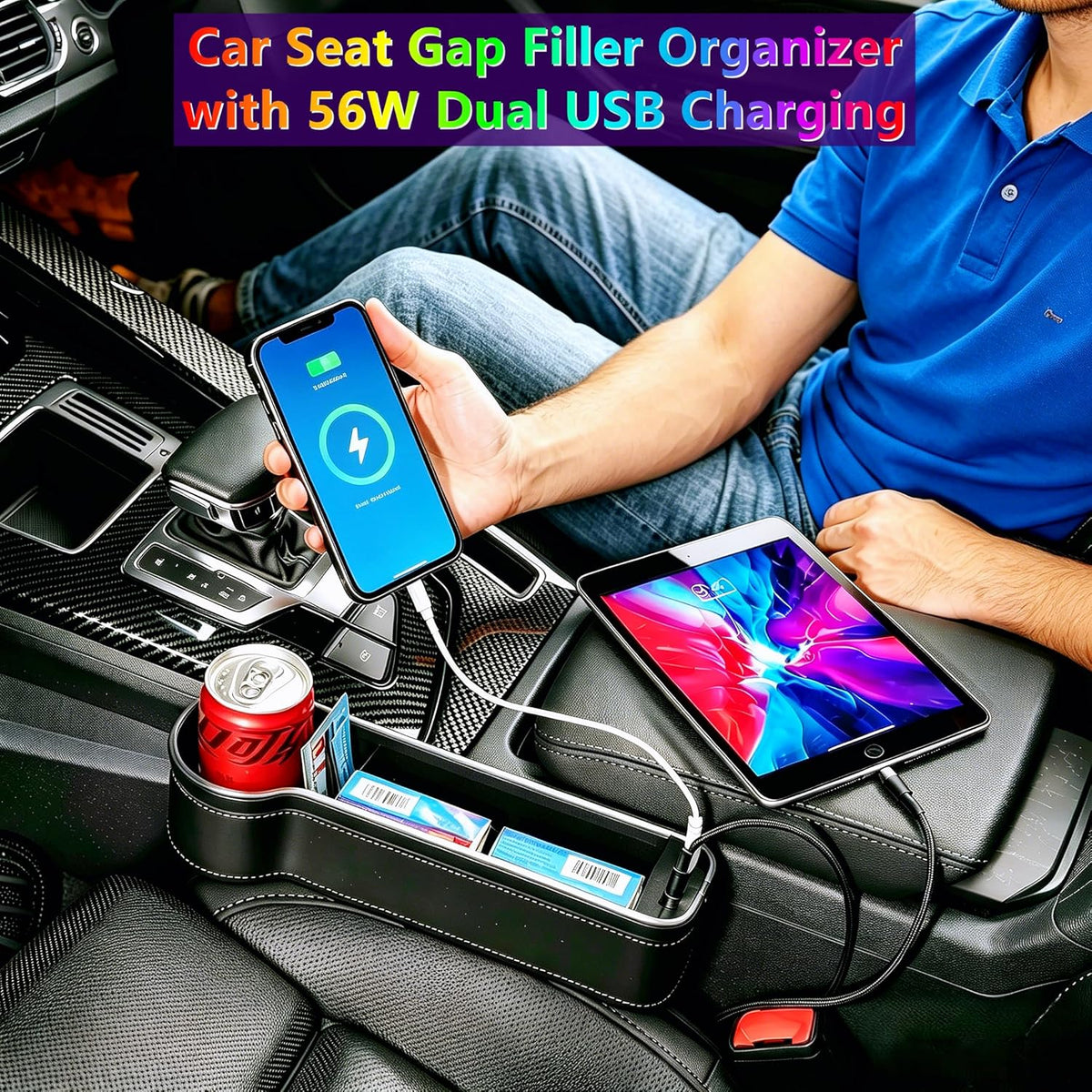2 Pack Car Seat Gap Organizer,Multifunctional Seat Gap Storage Box with USB Fast Charger, Car Seat Pockets with Led Light, Car Seat Gap Filler with Cup Holder (Black)