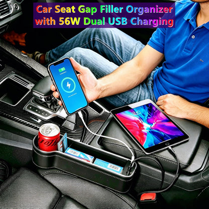 2 Pack Car Seat Gap Organizer,Multifunctional Seat Gap Storage Box with USB Fast Charger, Car Seat Pockets with Led Light, Car Seat Gap Filler with Cup Holder (Black)