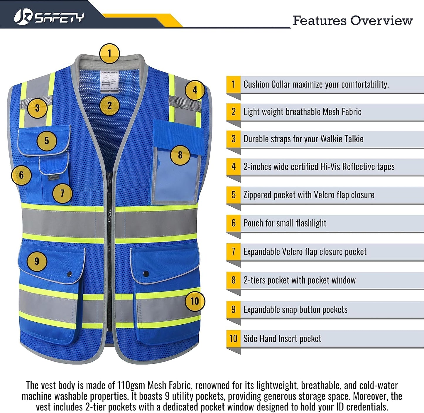 JKSafety 9 Pockets Class 2 High Visibility Zipper Front Safety Vest With Reflective Strips,Meets ANSI/ISEA Standard (Large, 150-Yellow) - Colors B