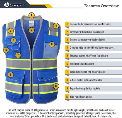 JKSafety 9 Pockets Class 2 High Visibility Zipper Front Safety Vest With Reflective Strips,Meets ANSI/ISEA Standard (Large, 150-Yellow) - Colors B