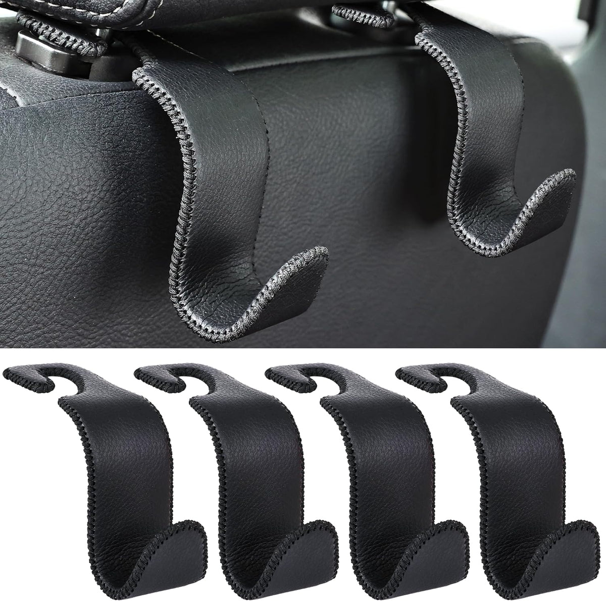 Amooca 4-Pack Car Headrest Hooks Vehicle Storage Organizer for Purses Handbags Groceries Backpack Coats –Holds 55lbs 360° Rotating Black