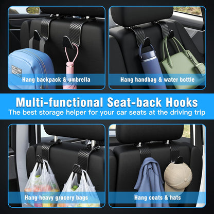 Amooca 4-Pack Car Headrest Hooks Vehicle Storage Organizer for Purses Handbags Groceries Backpack Coats –Holds 55lbs 360° Rotating Black