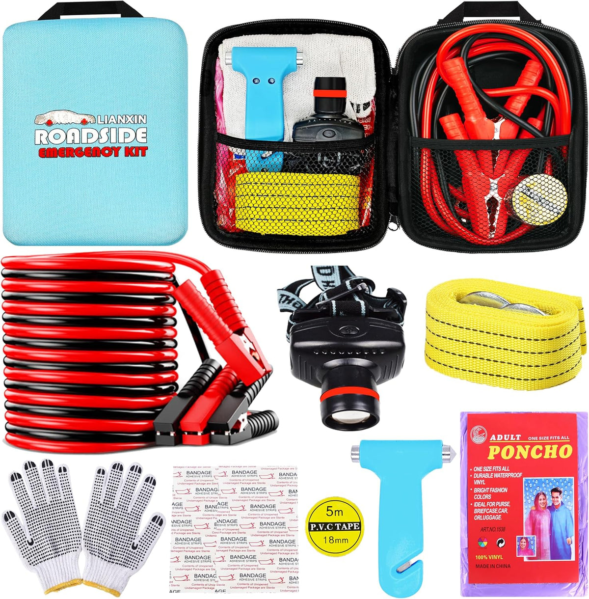 LIANXIN Car Roadside Emergency Kit, with Jumper Cables Automotive Kit,Car Safety Roadside Assistance Kit Headlamp,Tow Straps, Safety Hammers, Rainwear, Gloves.Black