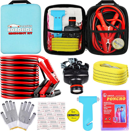 LIANXIN Car Roadside Emergency Kit, with Jumper Cables Automotive Kit,Car Safety Roadside Assistance Kit Headlamp,Tow Straps, Safety Hammers, Rainwear, Gloves.Black