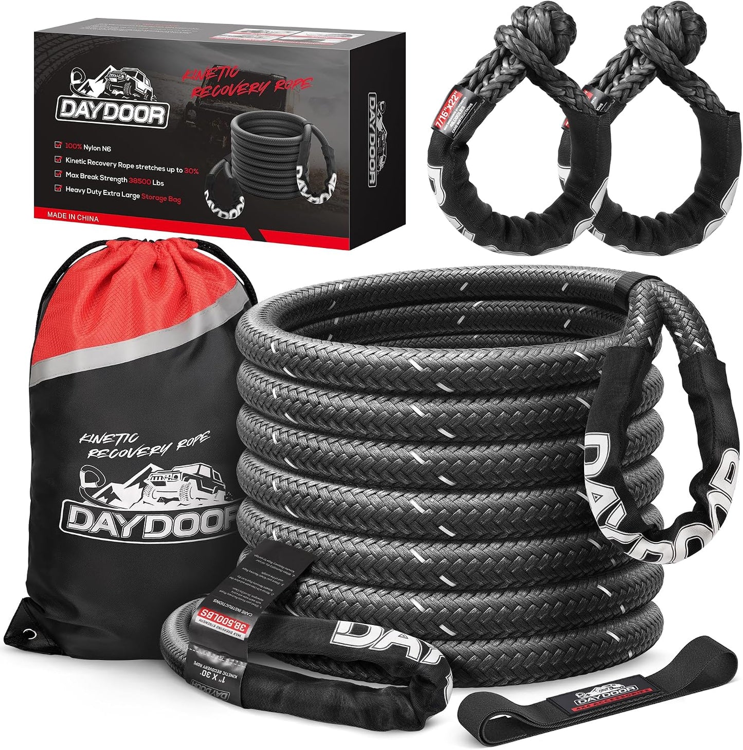 DAYDOOR Recovery Tow Rope Kit with 2 Soft Shackles, 7/16 Inch x 30 ft 31,200 Lbs UHMWPE Tow Strap, Synthetic Towing Rope Recovery Kit for ATV, UTV, SUV, Cars (Gray)