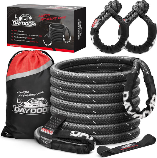 DAYDOOR Recovery Tow Rope Kit with 2 Soft Shackles, 7/16 Inch x 30 ft 31,200 Lbs UHMWPE Tow Strap, Synthetic Towing Rope Recovery Kit for ATV, UTV, SUV, Cars (Gray)