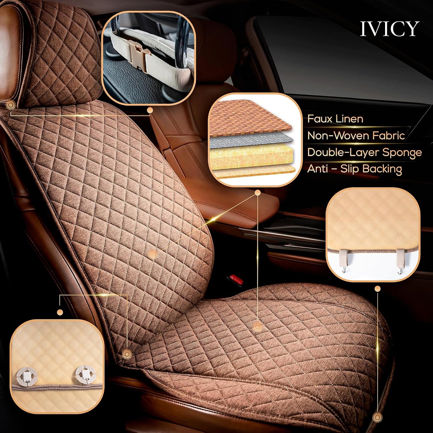IVICY Faux Linen Front Car Seat Cover – Non-Slip Bucket Seat Protector for Most Cars, SUVs, Vans & Trucks – 1 Seat Cover, Machine Washable, Side-Airbag Friendly, Light Beige