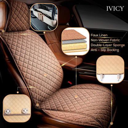 IVICY Faux Linen Front Car Seat Cover – Non-Slip Bucket Seat Protector for Most Cars, SUVs, Vans & Trucks – 1 Seat Cover, Machine Washable, Side-Airbag Friendly, Light Beige