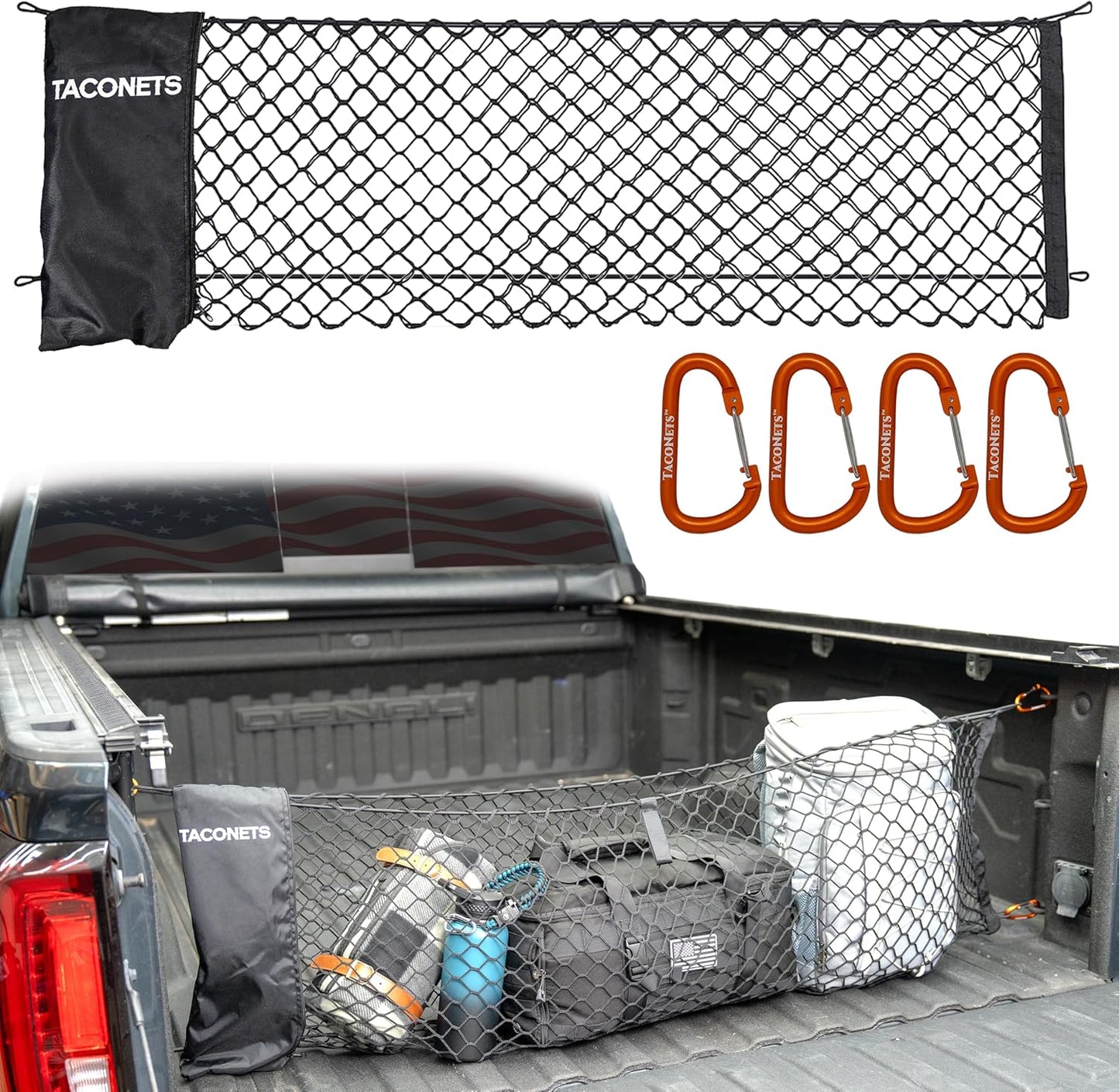 TacoNets Envelope Cargo Net for GMC Sierra & Chevy Silverado - Fits 2013-Current - Upgraded 5mm Bungee - Integrated Storage Bag - Heavy Duty Carabiners - Designed in USA