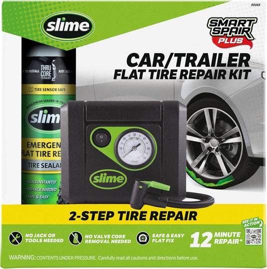 Slime 50107 Flat Tire Puncture Repair, Smart Spair, Emergency Kit For Car Tires, Includes Sealant And Tire Inflator Pump, Suitable For Cars And Other Highway Vehicles, 15 Min Fix