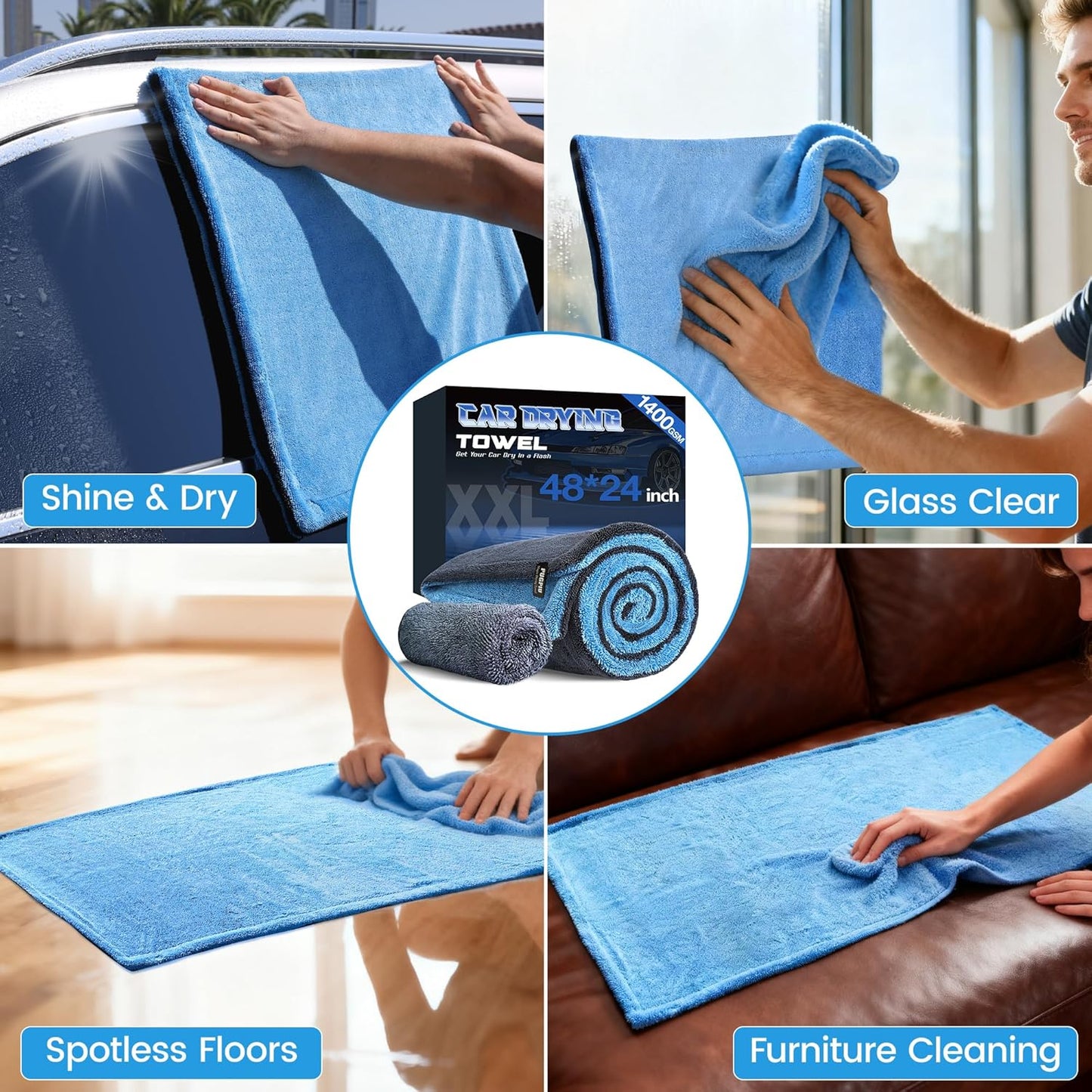 PUGPIU Microfiber Car Drying Towel Extra Large Super Absorbent 48"X24", 1400 GSM Flash Detail Car Wash Drying Towel Edgeless with Two Sided Soft Twisted-Loop, No Water Spots Streaks for Cars (Green)