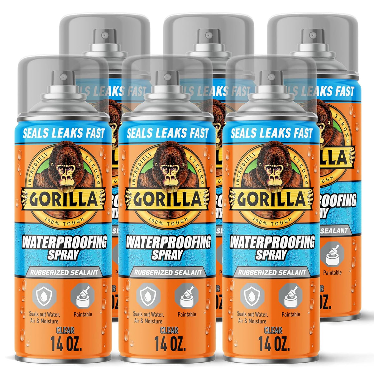 Gorilla Waterproofing Spray Clear, Flexible Rubberized Sealant Coating, Paintable UV Resistant, Seals Water Air Moisture, 14 oz (Pack of 1), for Roofs Gutters Skylights RVs Windows & More