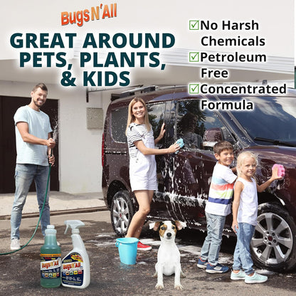 Bugs N’ All Multipurpose Car Cleaner & Degreaser - Bug & Tar Remover Concentrate 4 oz - Exterior Cleaner Safe for Car Paint, Metal, Chrome, Aluminum, Windows & Mirrors - w/Free 32 oz Spray Bottle