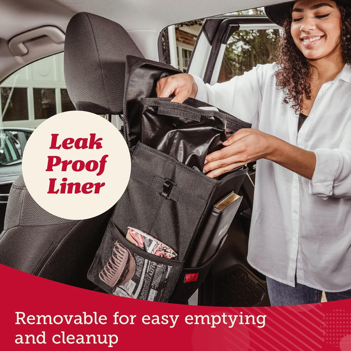 Lusso Gear Spill-Proof Car Trash Can - Easy to Clean Hanging Garbage Bin - Leak-Proof Lid, Removable Liner, Waterproof - Keeps Truck, SUV, Car, Minivan Clean & Odor Free - 2.5 Gallon Tan Car Trash Can