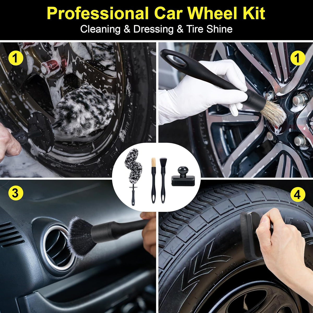 BABYSHEEP Car Tire Shine Applicator,Large Vegan Tire Shine Brush - Automotive Tire Dressing Applicator Brush with Storage Stand for Tire Detailing & Car Wash Kit, Black, 3.6 Inch Length (Black)