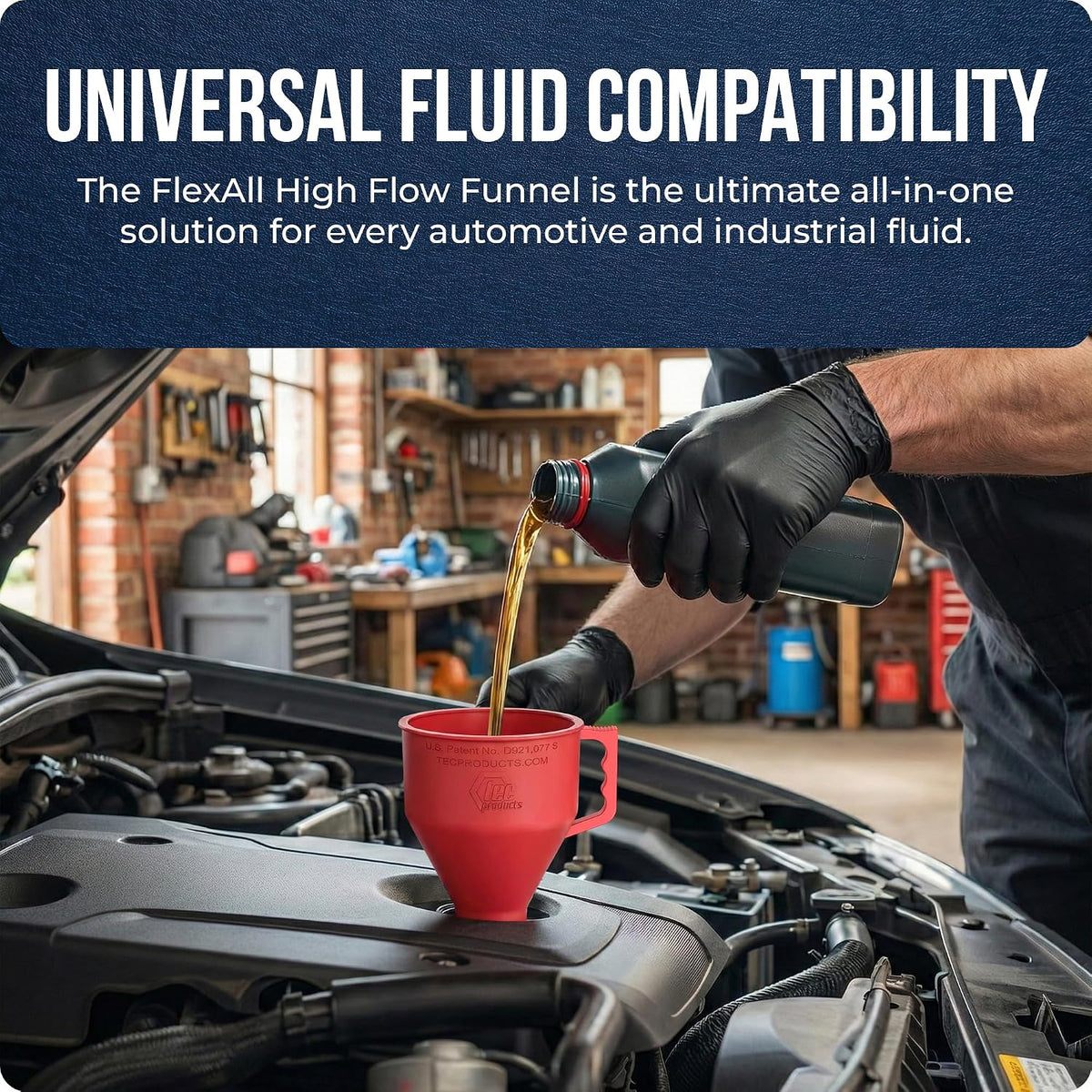 TEC Products FlexAll Short Neck Funnel - Flexible Funnel w/Hose, Durable Nitrile Rubber Automotive Funnels - Oil Change Tool for Transmission Fluid, Diesel, Gas - USA Made - Large (11 x 5.73 Inches)