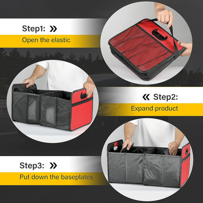 YSSOA Car Trunk Organizer, 2 Compartments Anti-slip 14" D x 22" W x 12" H Collapsible Trunk Storage, 600D Oxford Polyester Car Storage, Suitable for SUV, Minivan, Truck, Black