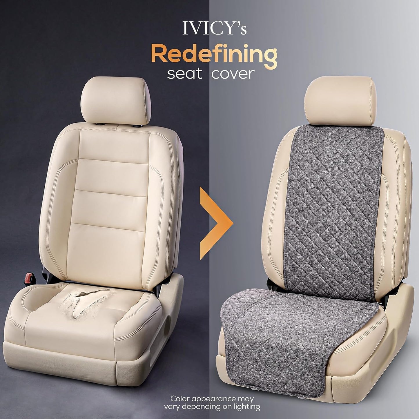 IVICY Faux Linen Front Car Seat Cover – Non-Slip Bucket Seat Protector for Most Cars, SUVs, Vans & Trucks – 1 Seat Cover, Machine Washable, Side-Airbag Friendly, Light Beige