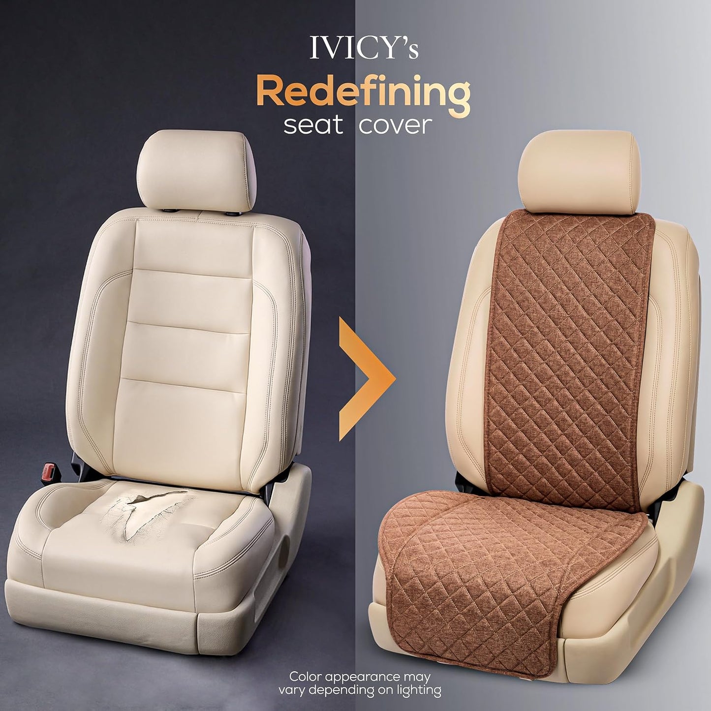 IVICY Faux Linen Front Car Seat Cover – Non-Slip Bucket Seat Protector for Most Cars, SUVs, Vans & Trucks – 1 Seat Cover, Machine Washable, Side-Airbag Friendly, Light Beige