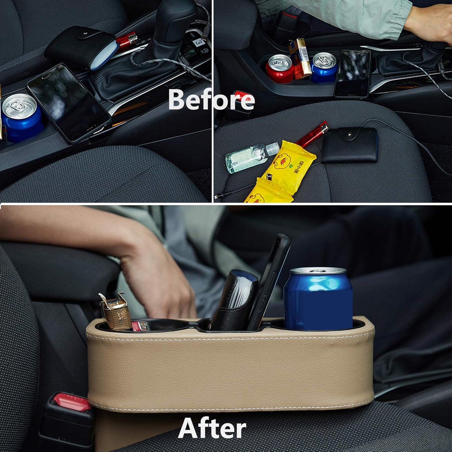 IOKONE Car Cup Holder, Auto Cup Drink Holders，Multifunctional Auto Front Seat Organizer with PU Leather Cover, Gap Filler Storage Box Coin Bucket Console Side Pocket Cell Mobile Phone Holder (Black)