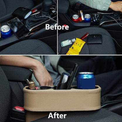 IOKONE Car Cup Holder, Auto Cup Drink Holders，Multifunctional Auto Front Seat Organizer with PU Leather Cover, Gap Filler Storage Box Coin Bucket Console Side Pocket Cell Mobile Phone Holder (Black)